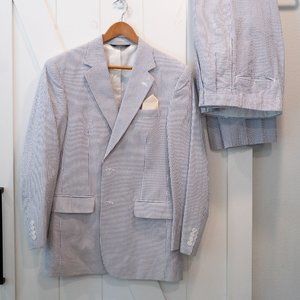 JoS. A. Banks. Seersucker Blue & White Suit with Pleated Pants